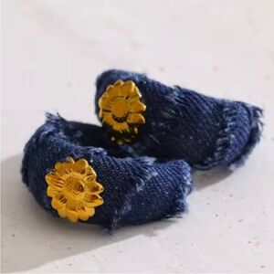 Denim Hoop Earrings with Gold Sunflower Accent